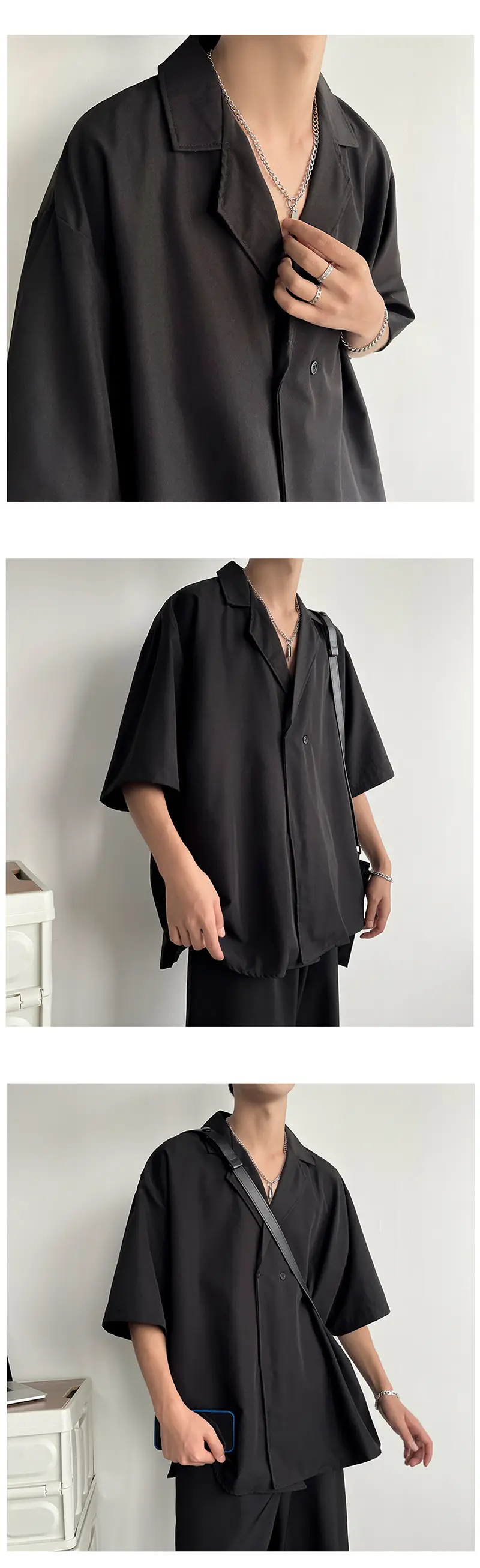 Men's Black Korean Style Collar Shirt with Loose Drape — feature 27