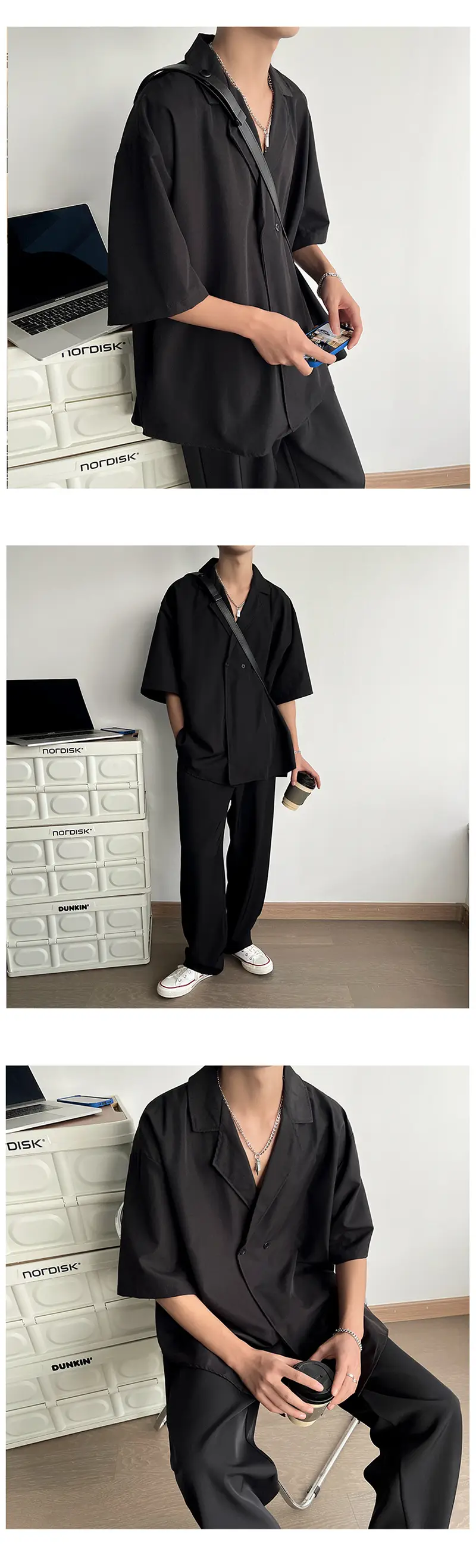 Men's Black Korean Style Collar Shirt with Loose Drape — feature 28