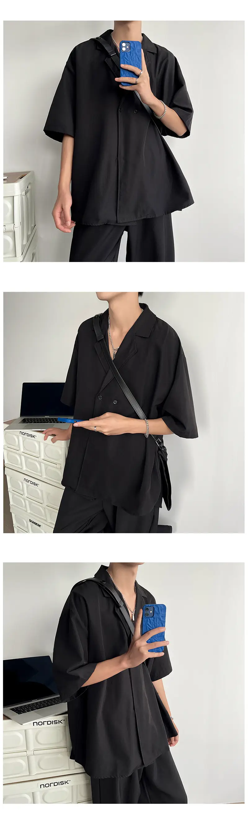 Men's Black Korean Style Collar Shirt with Loose Drape — feature 29