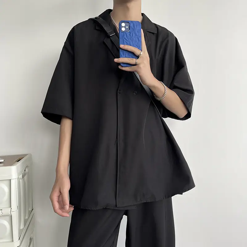 Men's Black Korean Style Collar Shirt with Loose Drape - Image 2