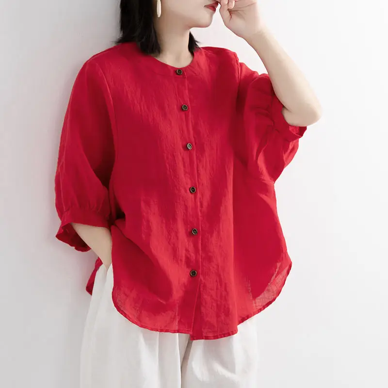 Women's Red Lantern Sleeve Shirt Large Cotton Linen - Image 2
