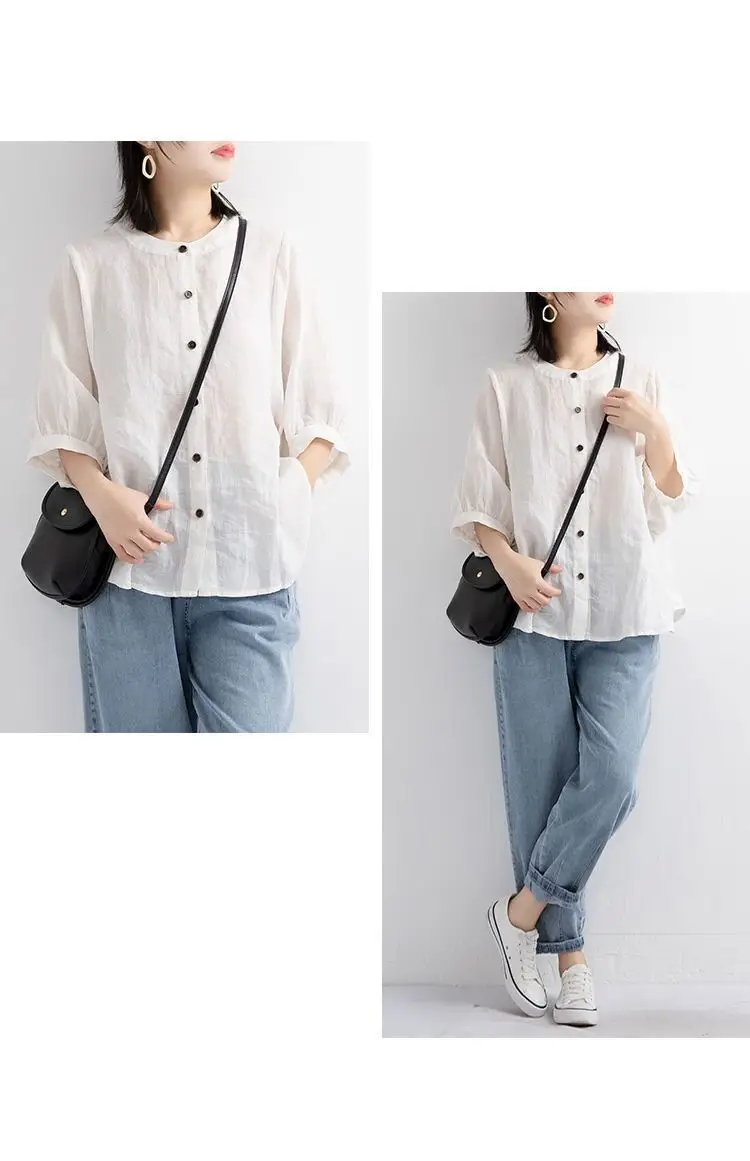 Women's Red Lantern Sleeve Shirt Large Cotton Linen — feature 11