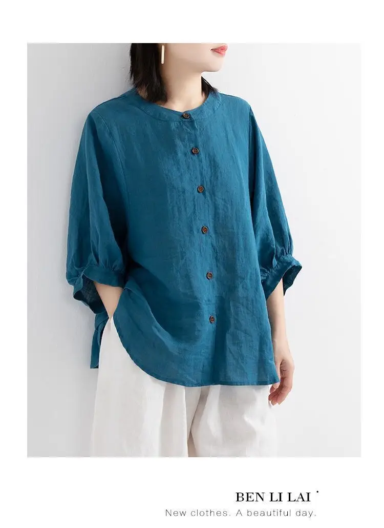 Women's Red Lantern Sleeve Shirt Large Cotton Linen — feature 3