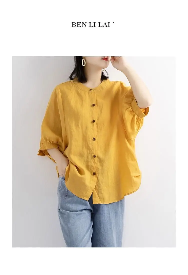 Women's Red Lantern Sleeve Shirt Large Cotton Linen — feature 6
