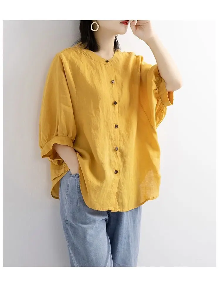 Women's Red Lantern Sleeve Shirt Large Cotton Linen — feature 7