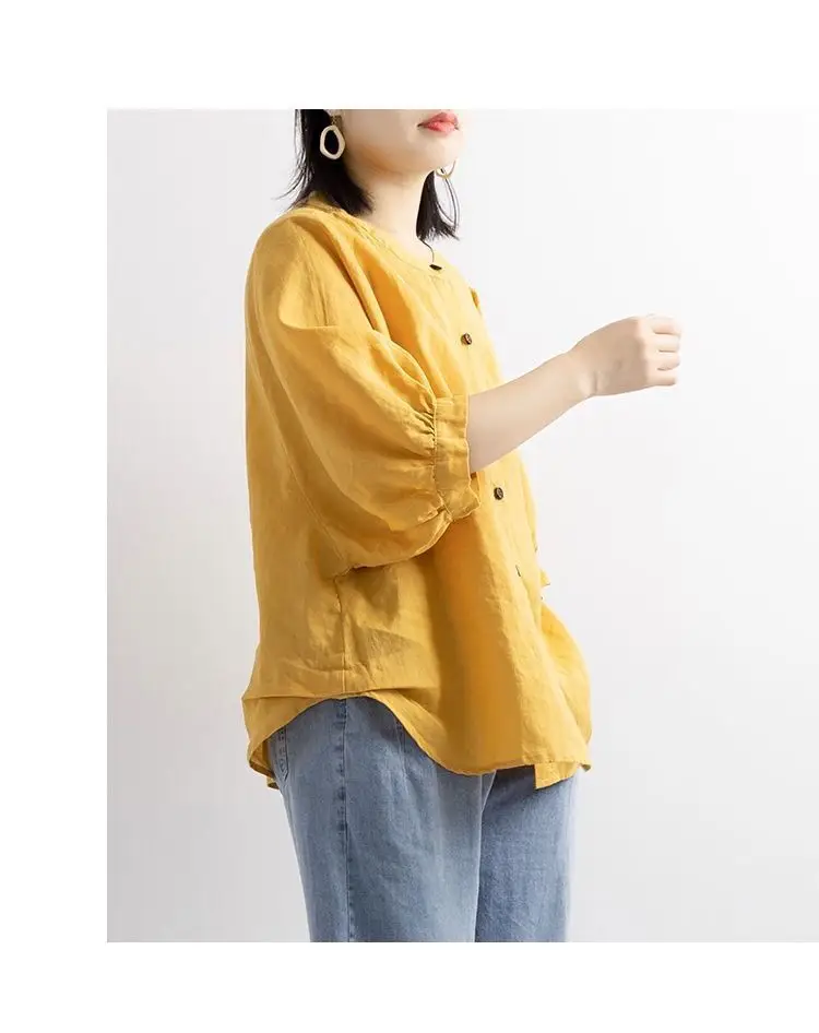 Women's Red Lantern Sleeve Shirt Large Cotton Linen — feature 8