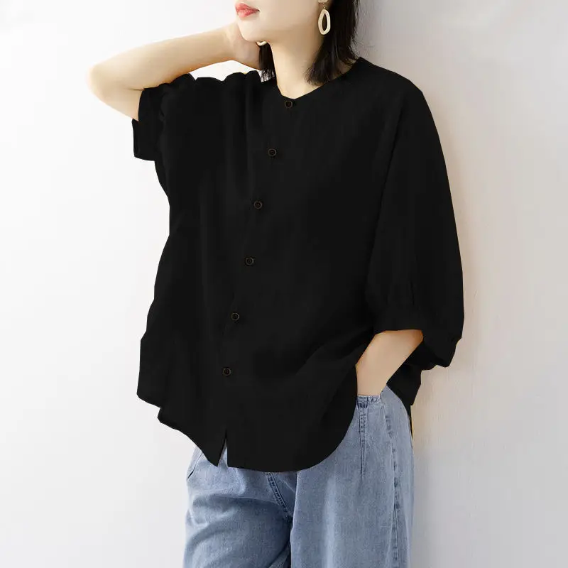 Women's Red Lantern Sleeve Shirt Large Cotton Linen - Image 3