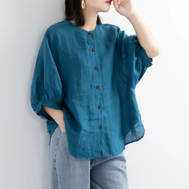 Women's Red Lantern Sleeve Shirt Large Cotton Linen - Image 5