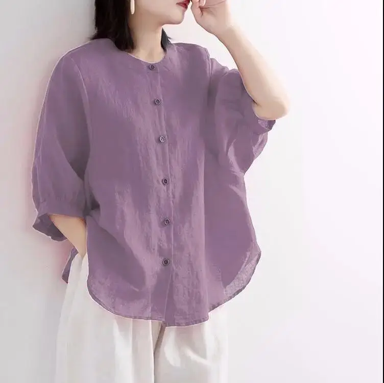 Women's Red Lantern Sleeve Shirt Large Cotton Linen - Image 6