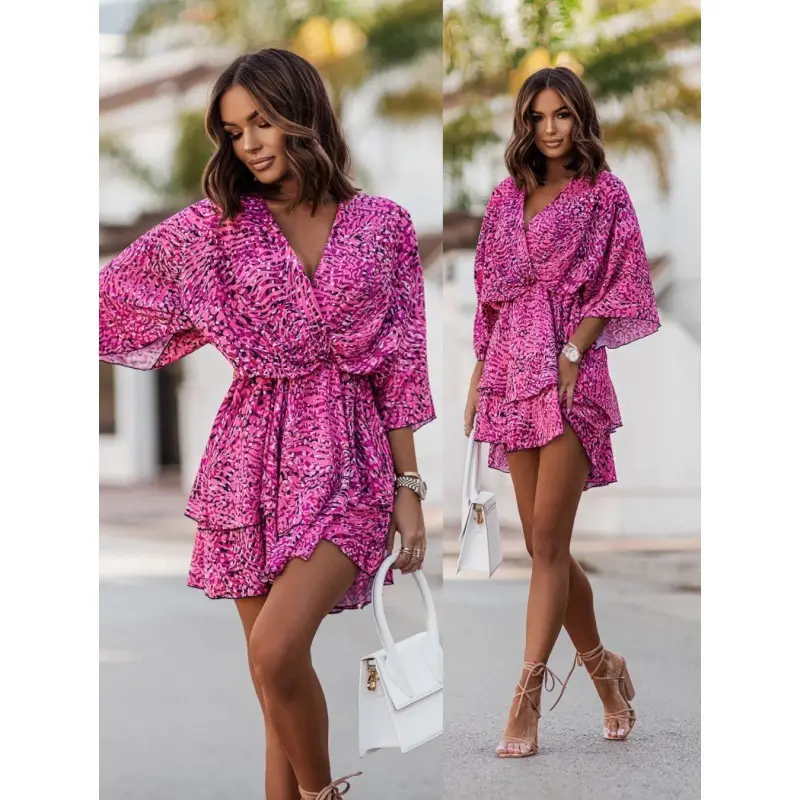 2023 Pink Wave Print V-Neck Dress with Belt - Image 2