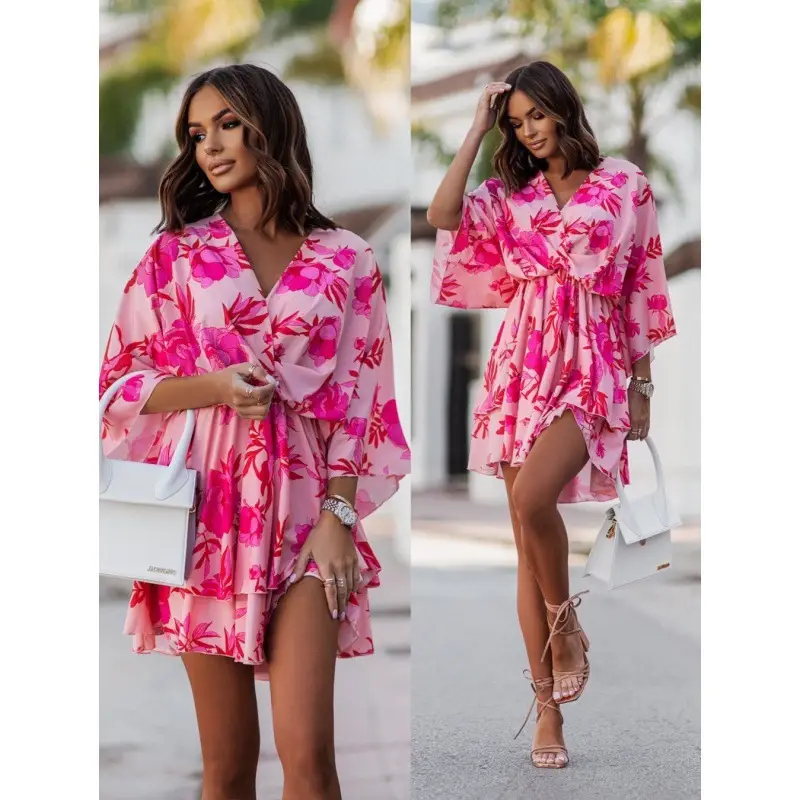 2023 Pink Wave Print V-Neck Dress with Belt - Image 3