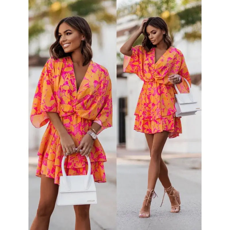 2023 Pink Wave Print V-Neck Dress with Belt