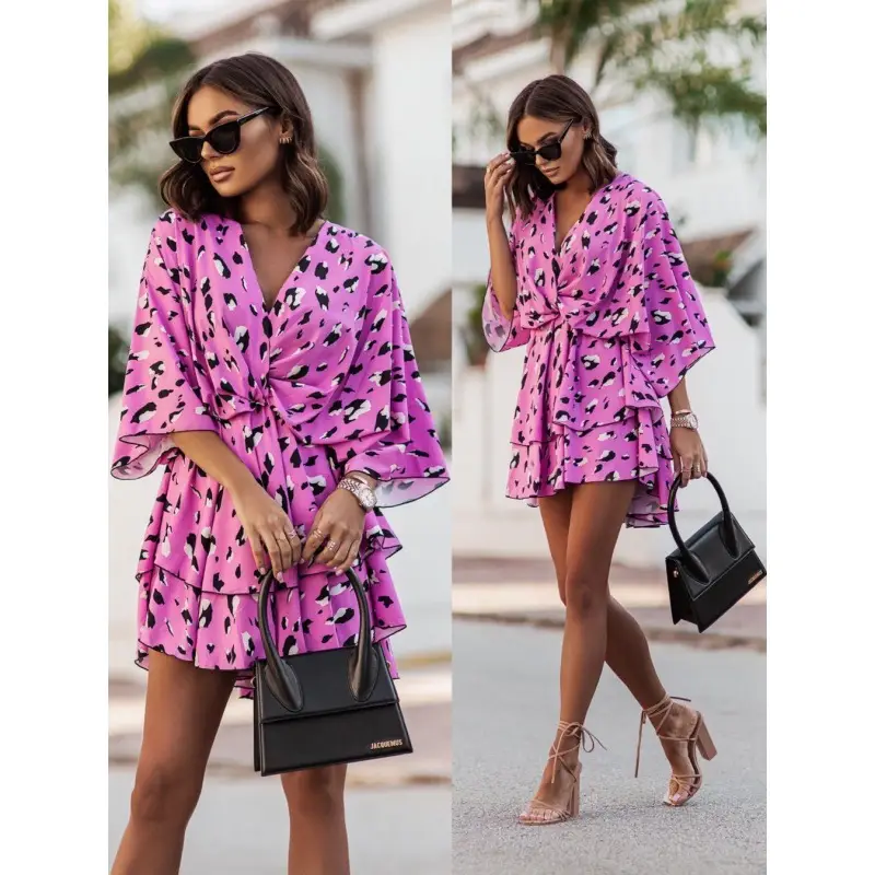 2023 Pink Wave Print V-Neck Dress with Belt - Image 4