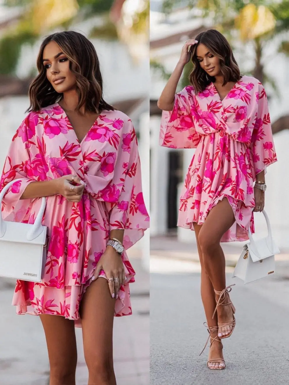 2023 Pink Wave Print V-Neck Dress with Belt — feature 10
