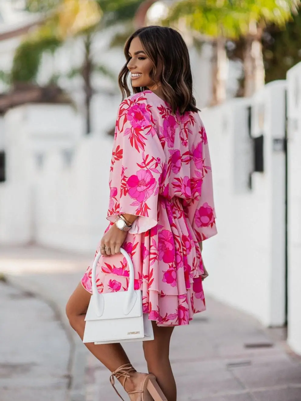 2023 Pink Wave Print V-Neck Dress with Belt — feature 13