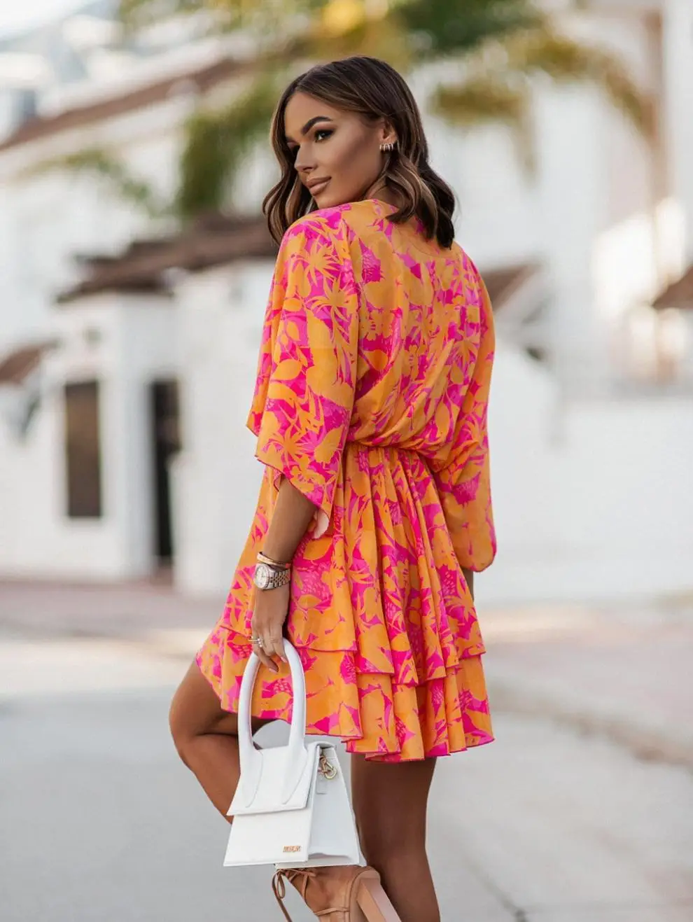 2023 Pink Wave Print V-Neck Dress with Belt — feature 19