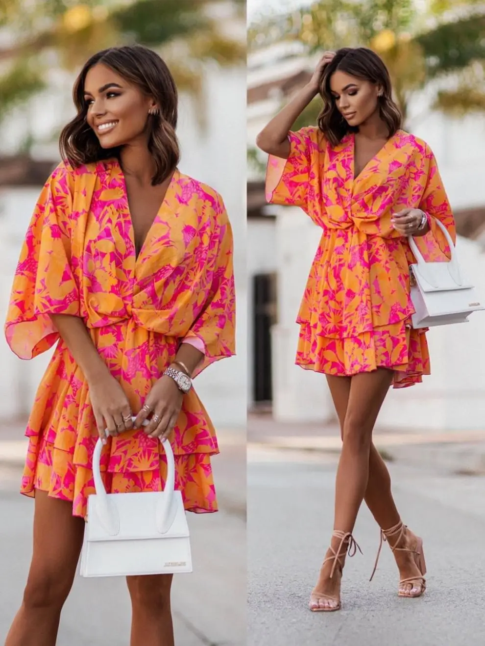 2023 Pink Wave Print V-Neck Dress with Belt — feature 3