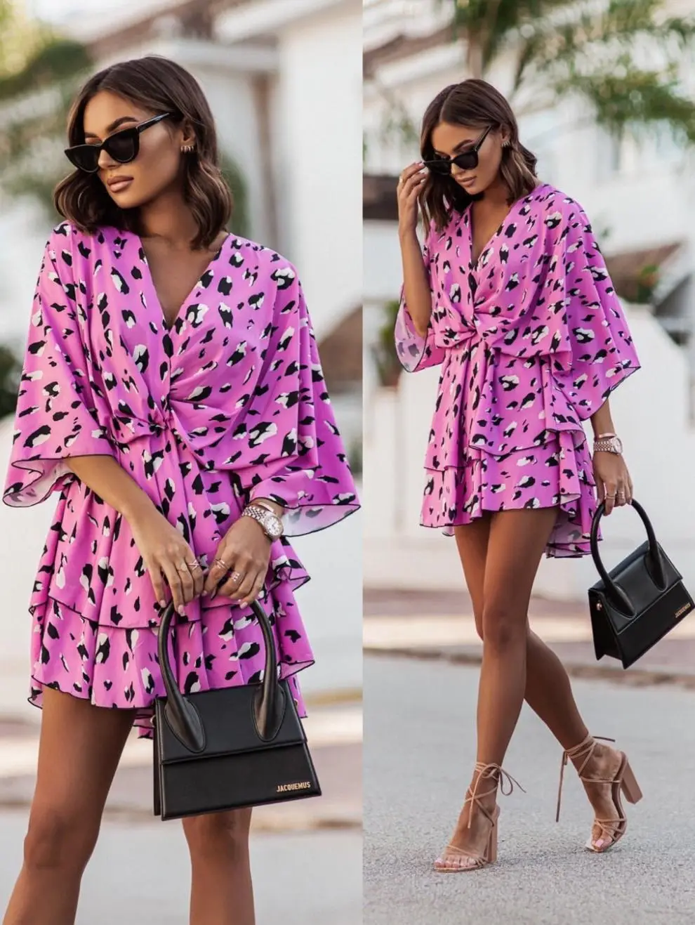2023 Pink Wave Print V-Neck Dress with Belt — feature 6