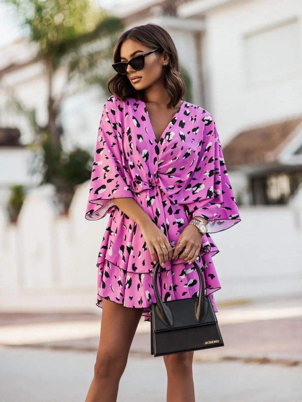 2023 Pink Wave Print V-Neck Dress with Belt — feature 7