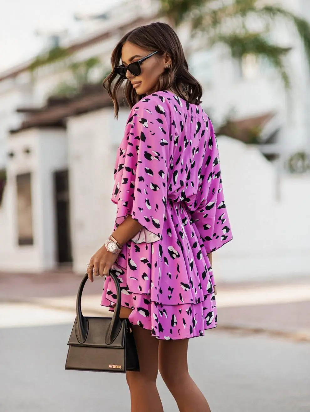 2023 Pink Wave Print V-Neck Dress with Belt — feature 8
