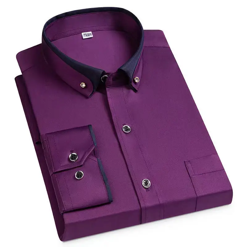 Men's Long Sleeve Black Button Shirt with Red Collar - Image 13