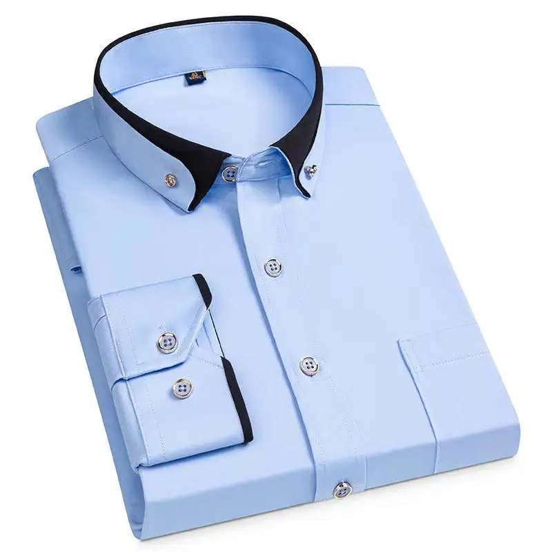 Men's Long Sleeve Black Button Shirt with Red Collar - Image 14