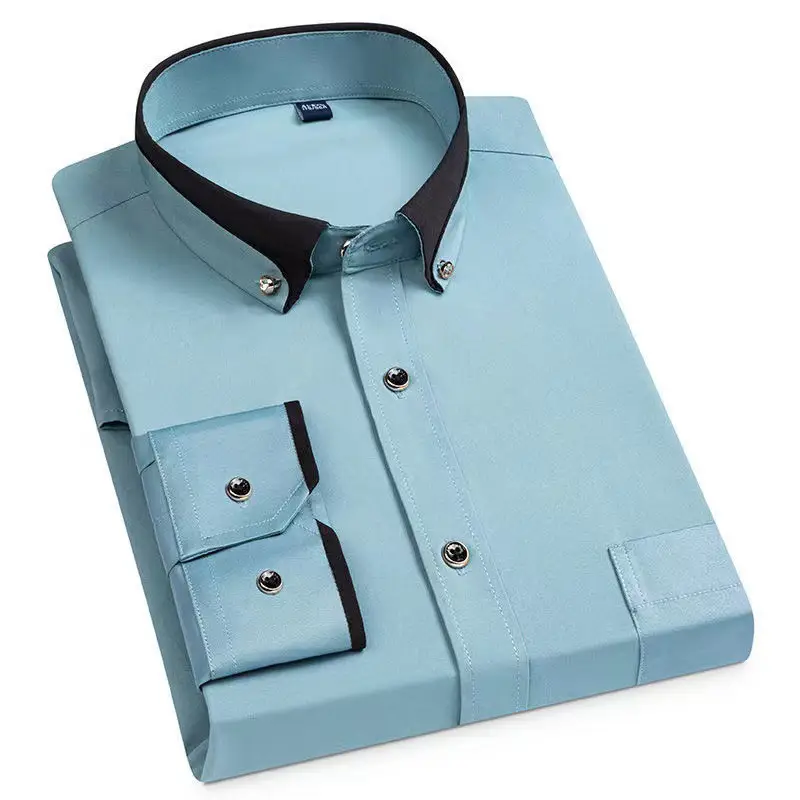 Men's Long Sleeve Black Button Shirt with Red Collar - Image 15