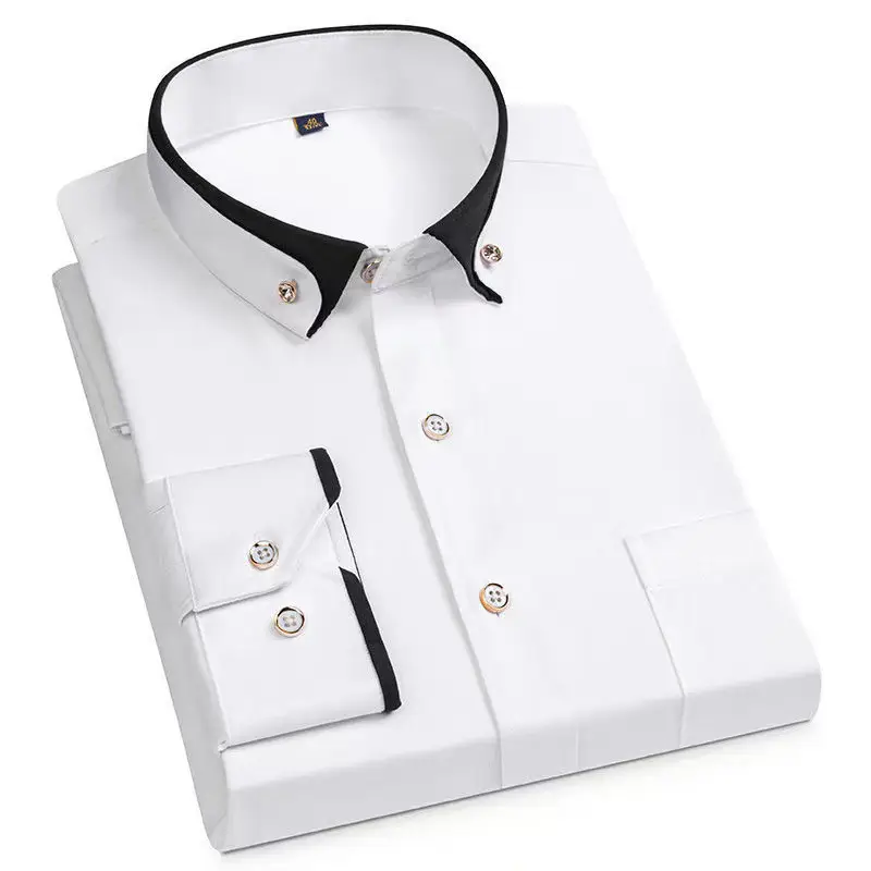 Men's Long Sleeve Black Button Shirt with Red Collar - Image 16