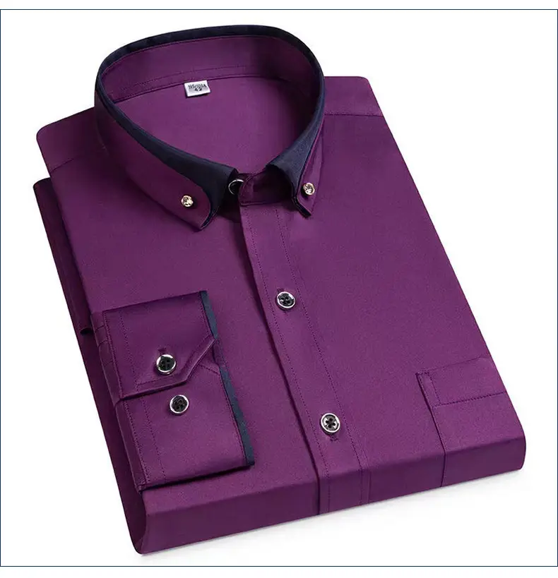 Men's Long Sleeve Black Button Shirt with Red Collar — feature 10