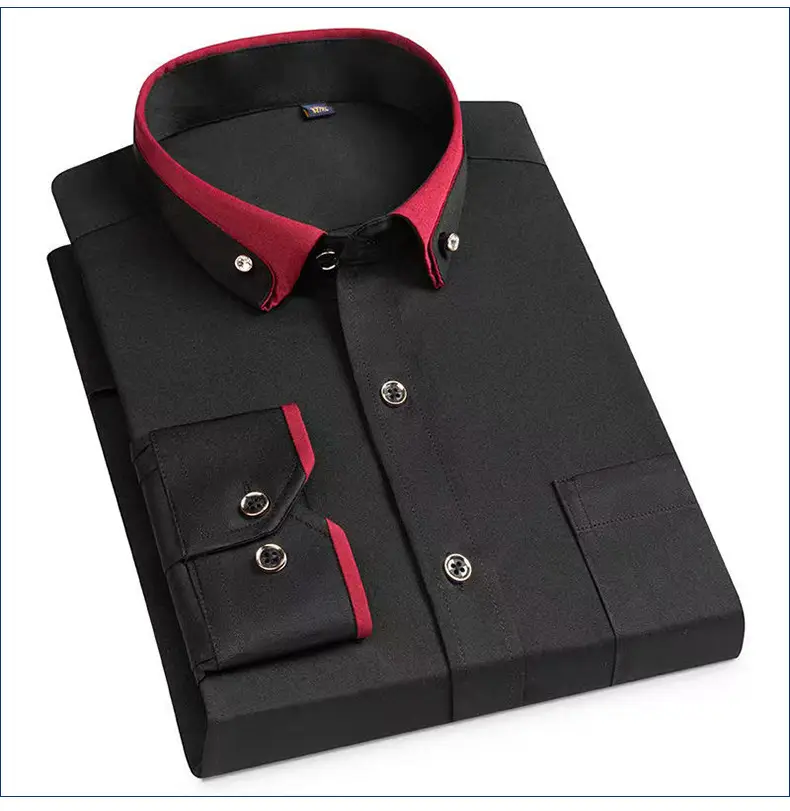 Men's Long Sleeve Black Button Shirt with Red Collar — feature 12