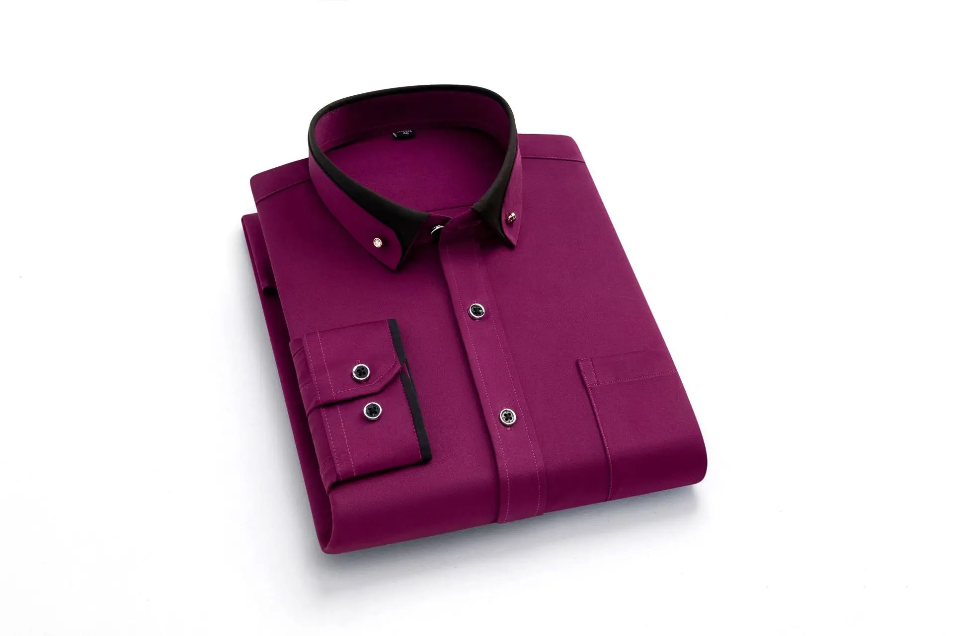 Men's Long Sleeve Black Button Shirt with Red Collar — feature 13