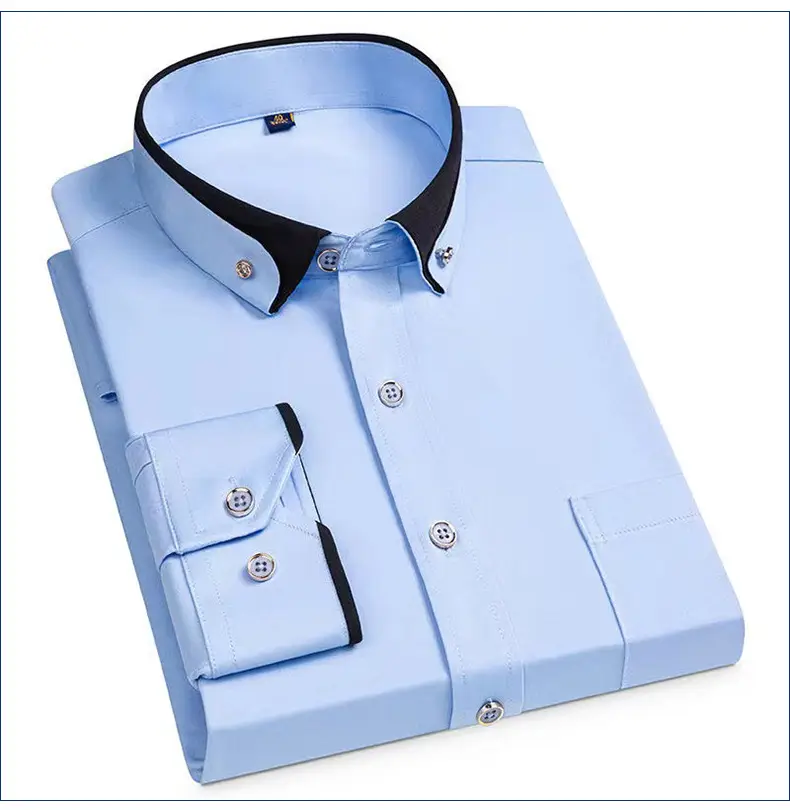 Men's Long Sleeve Black Button Shirt with Red Collar — feature 14