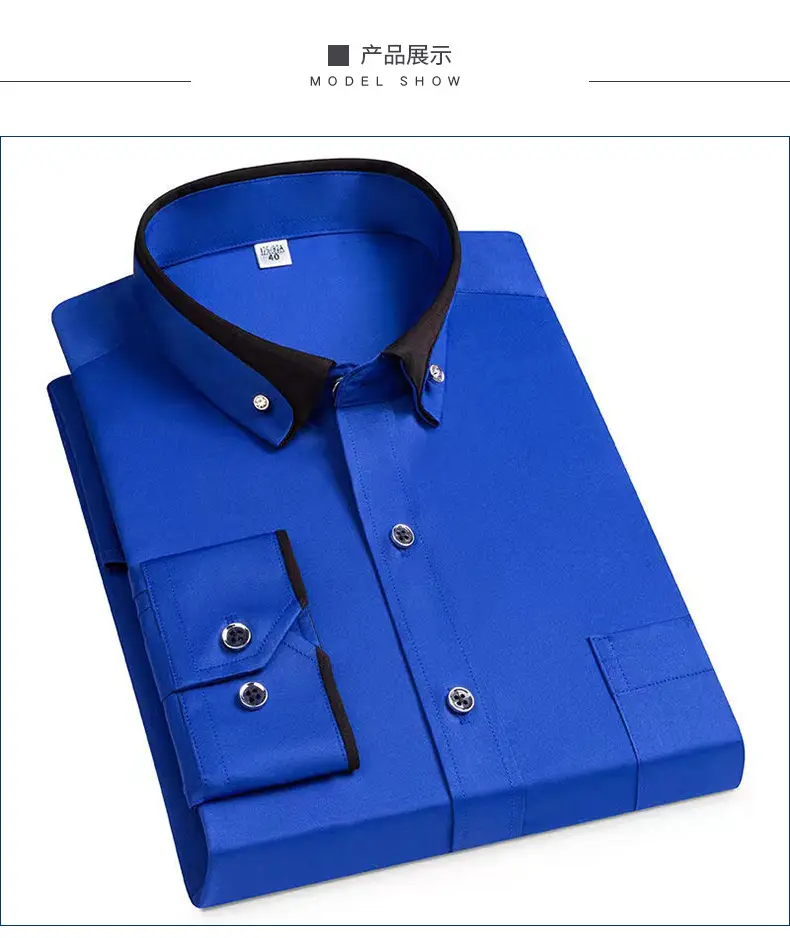 Men's Long Sleeve Black Button Shirt with Red Collar — feature 7