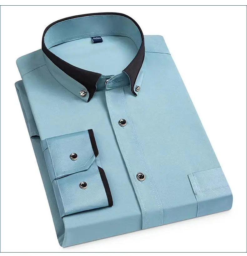 Men's Long Sleeve Black Button Shirt with Red Collar — feature 8