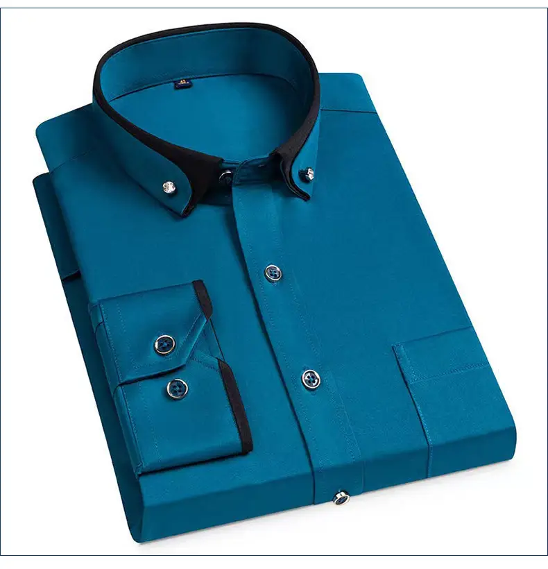 Men's Long Sleeve Black Button Shirt with Red Collar — feature 9