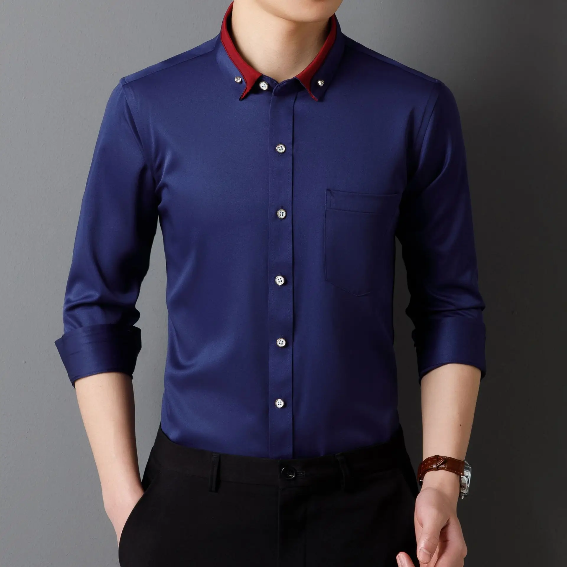 Men's Long Sleeve Black Button Shirt with Red Collar - Image 10