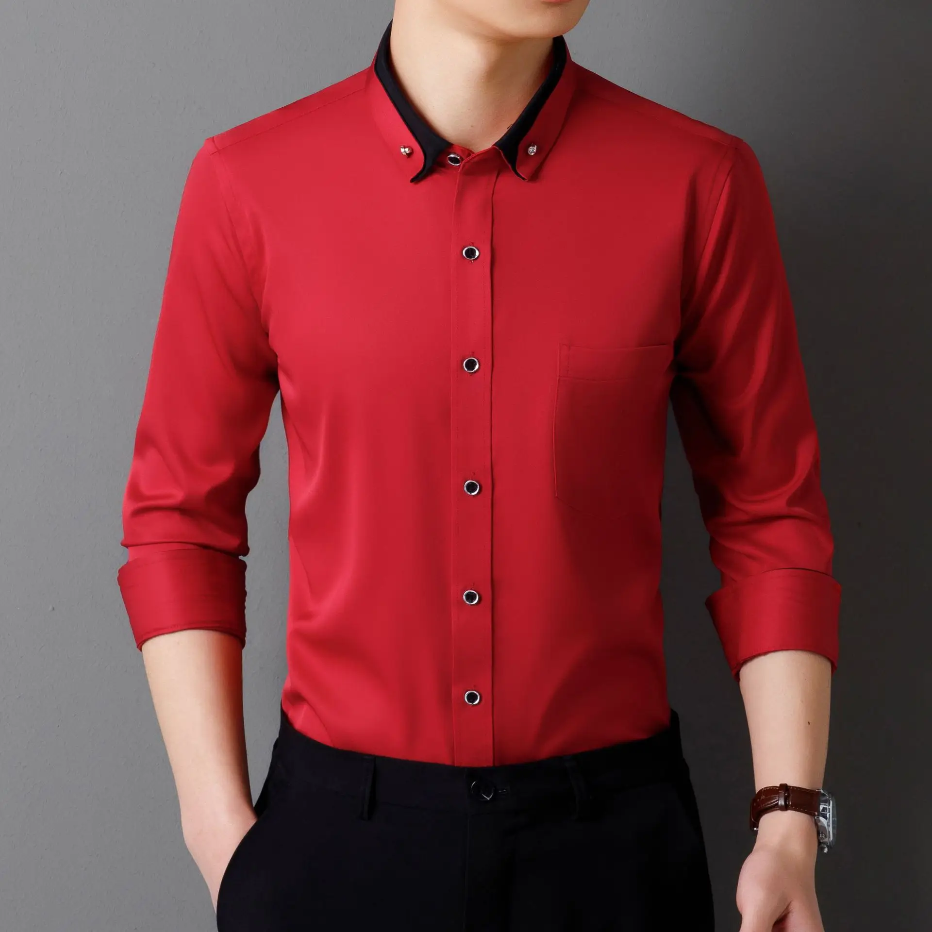 Men's Long Sleeve Black Button Shirt with Red Collar - Image 11