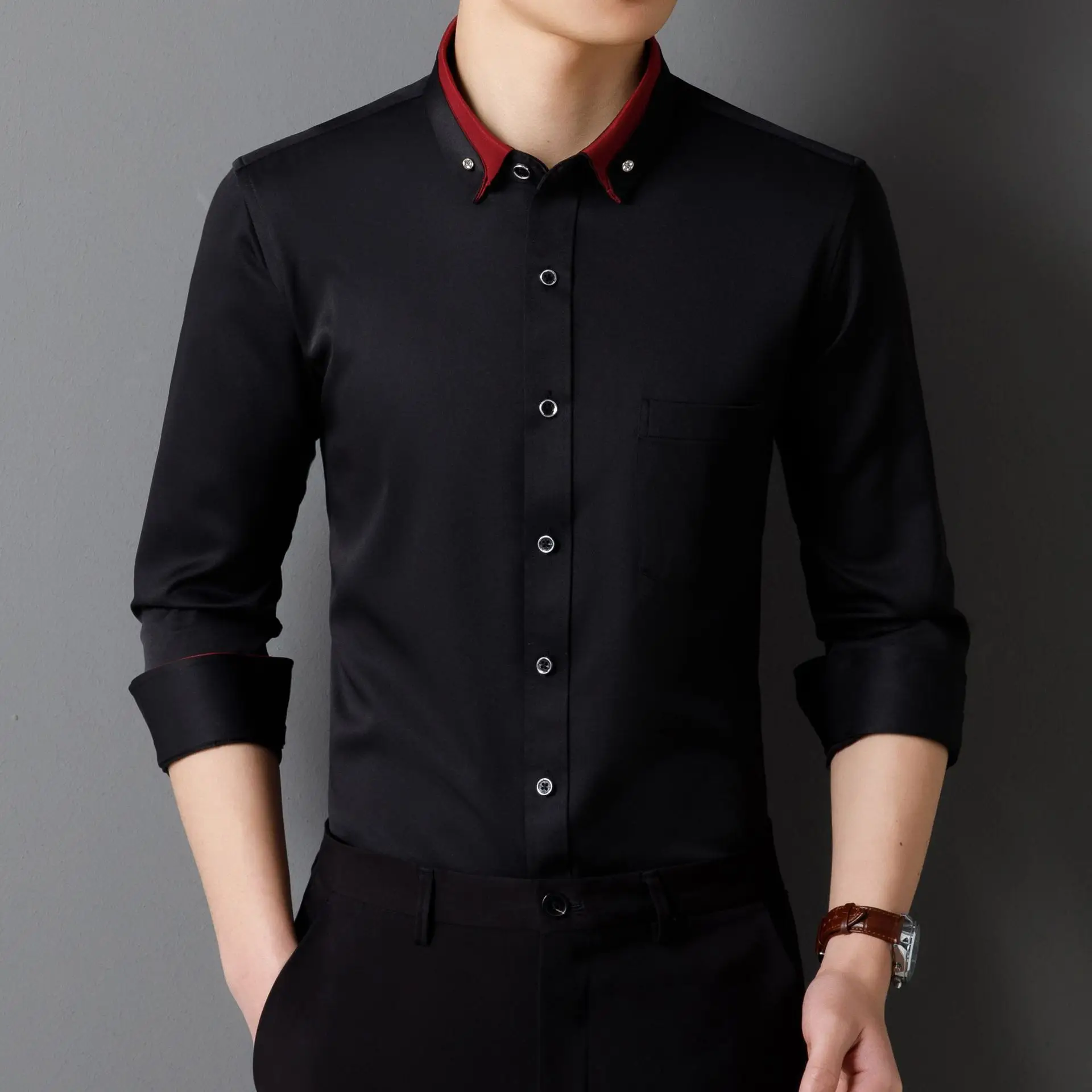 Men's Long Sleeve Black Button Shirt with Red Collar - Image 2