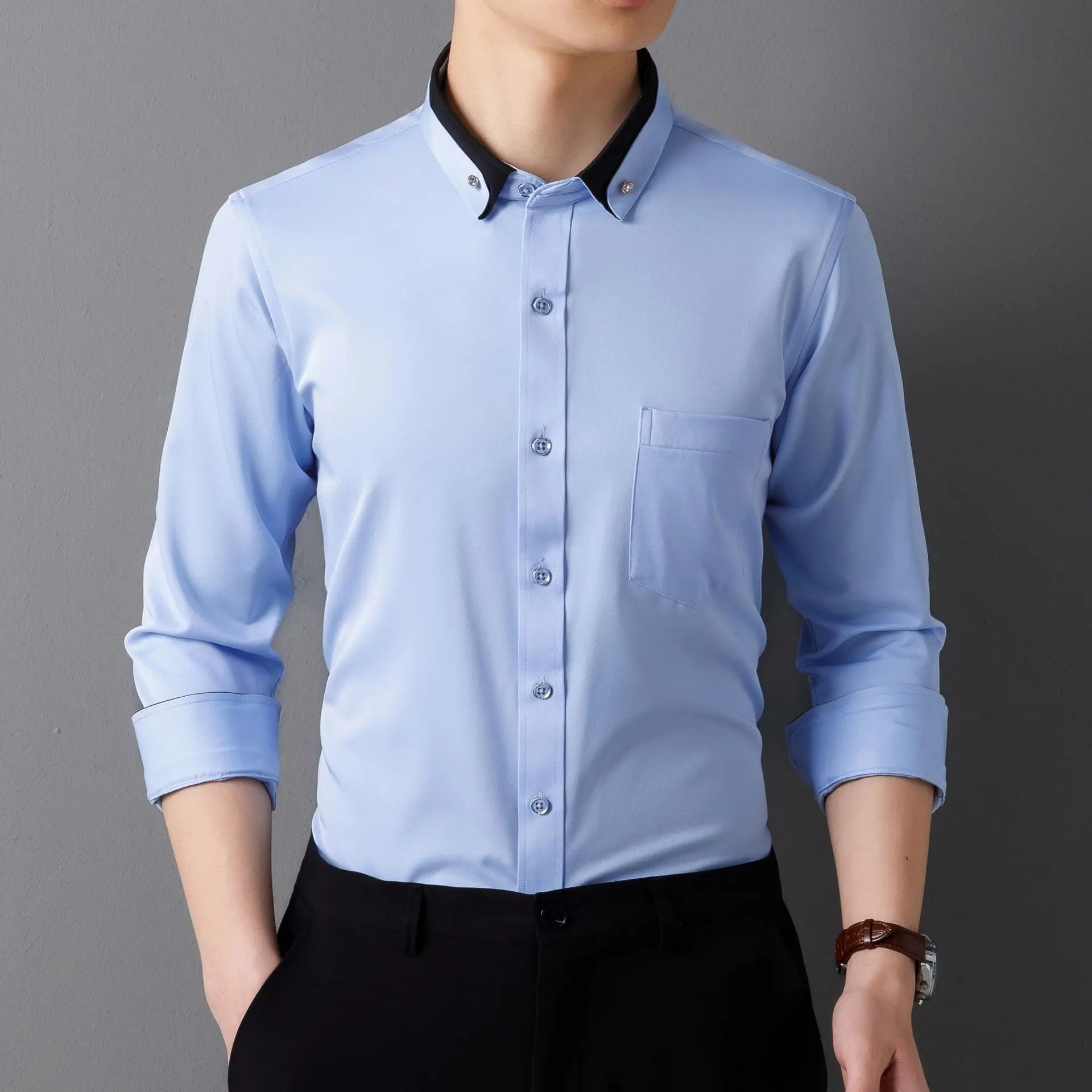 Men's Long Sleeve Black Button Shirt with Red Collar - Image 3