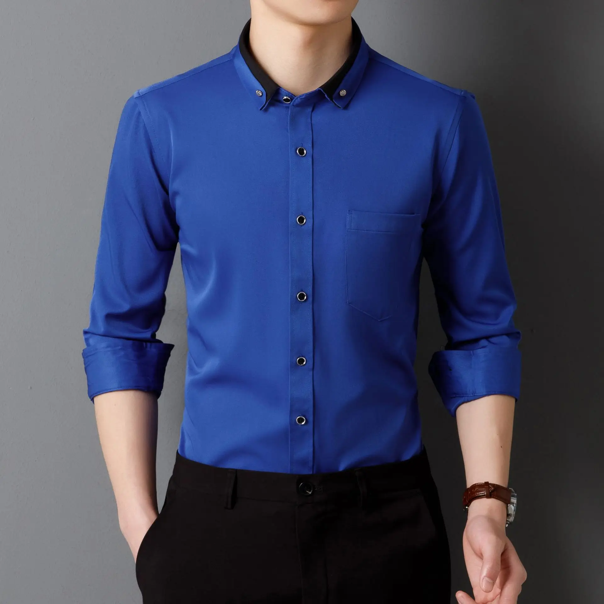 Men's Long Sleeve Black Button Shirt with Red Collar - Image 4
