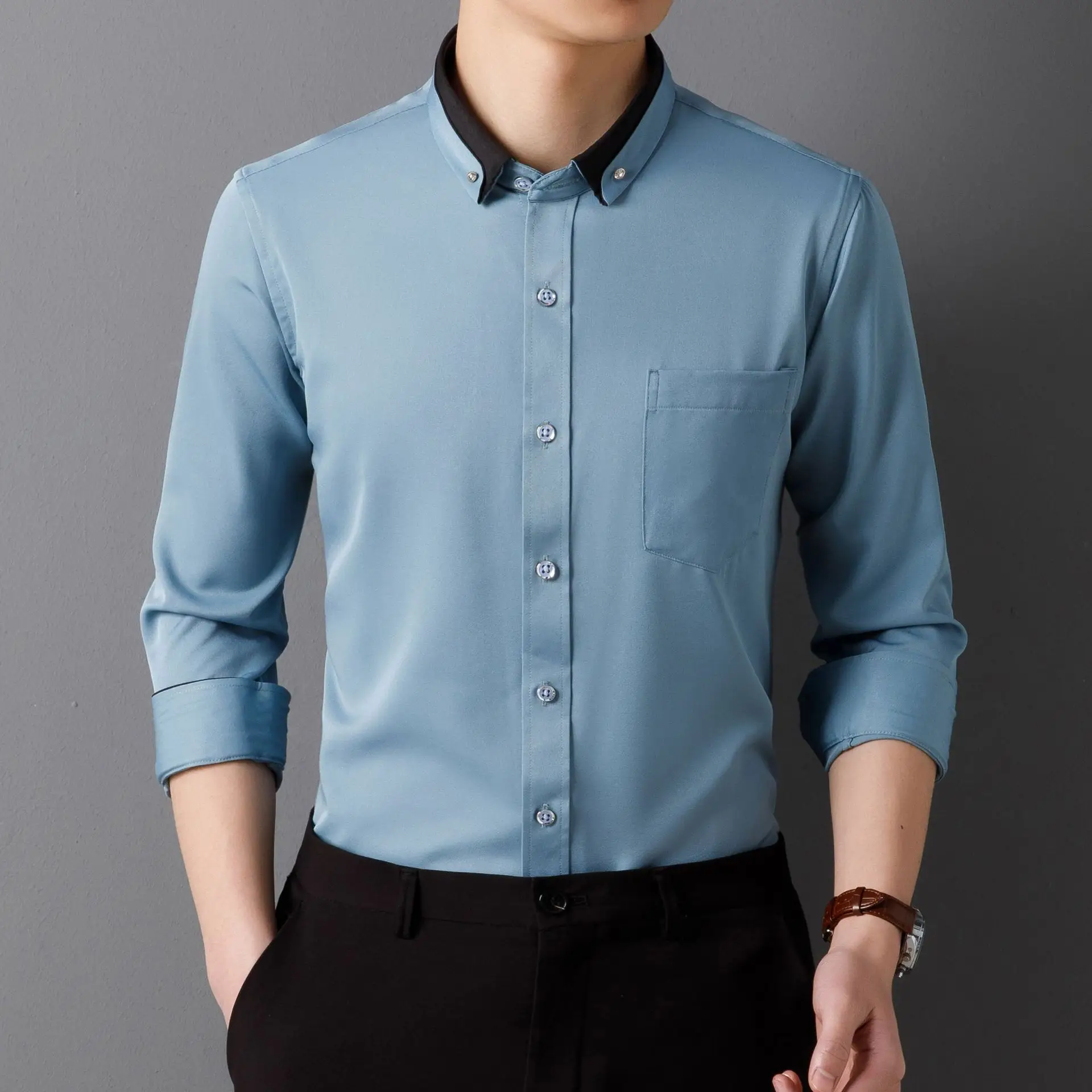 Men's Long Sleeve Black Button Shirt with Red Collar - Image 5