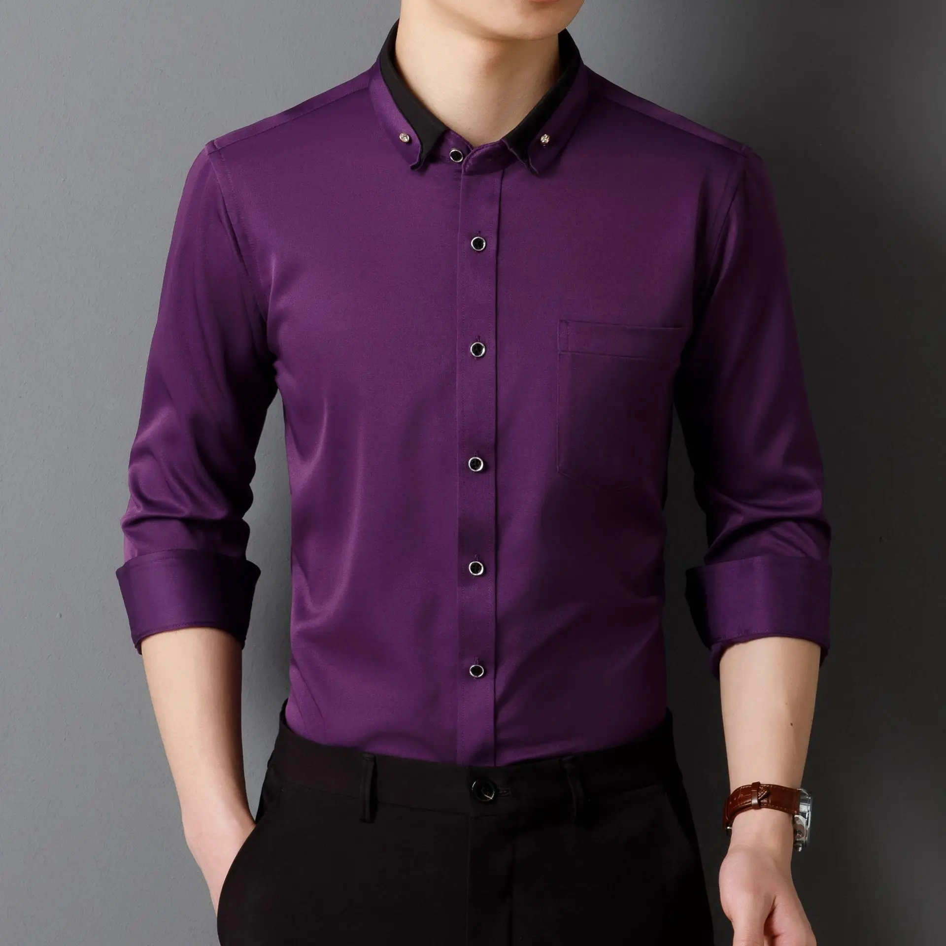 Men's Long Sleeve Black Button Shirt with Red Collar - Image 6