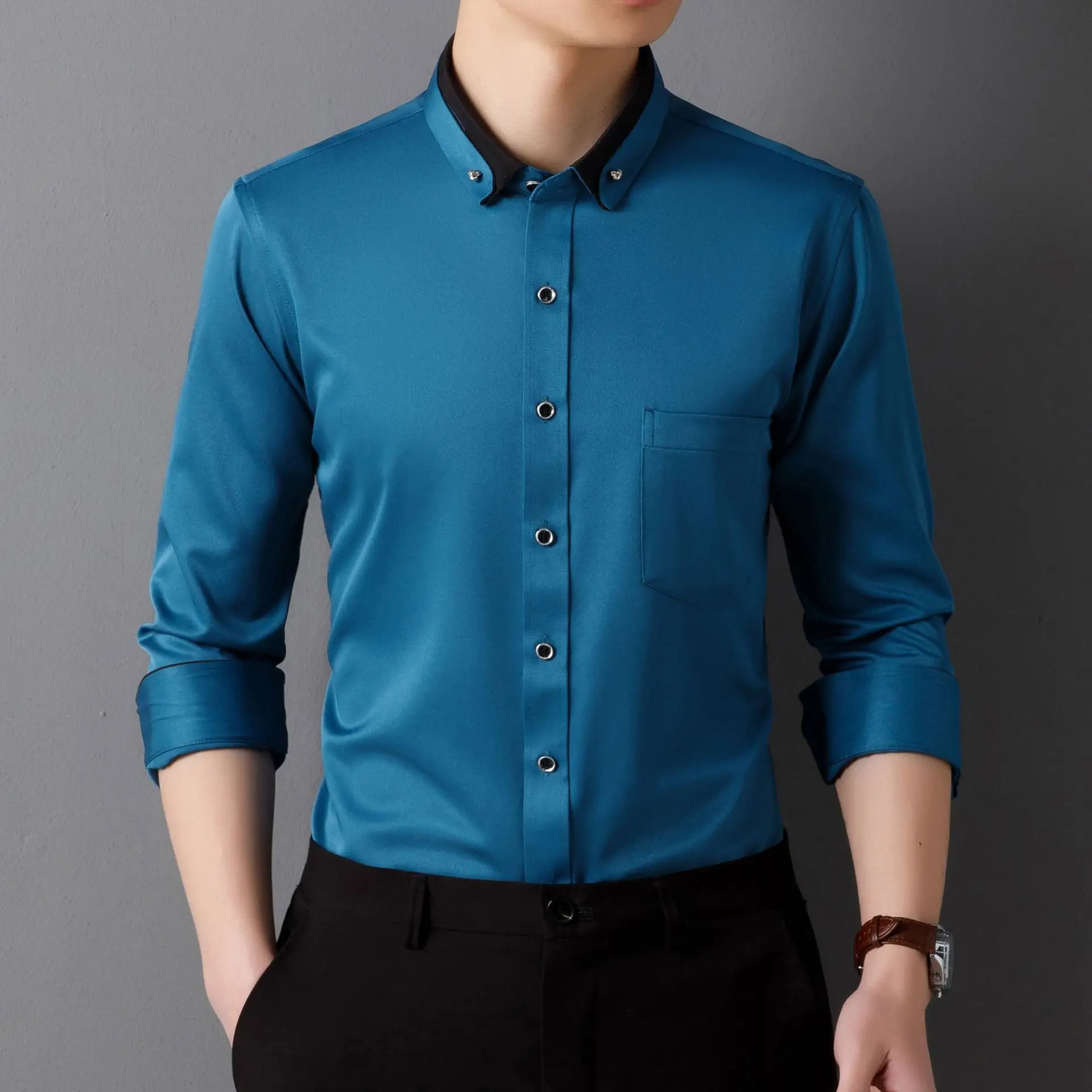 Men's Long Sleeve Black Button Shirt with Red Collar - Image 7
