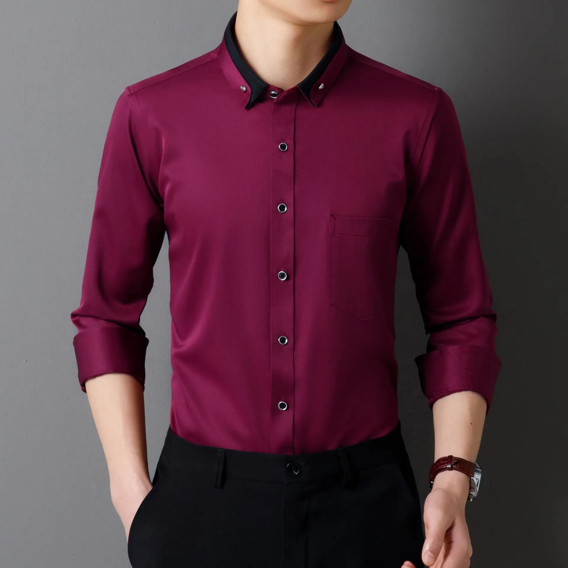 Men's Long Sleeve Black Button Shirt with Red Collar - Image 8