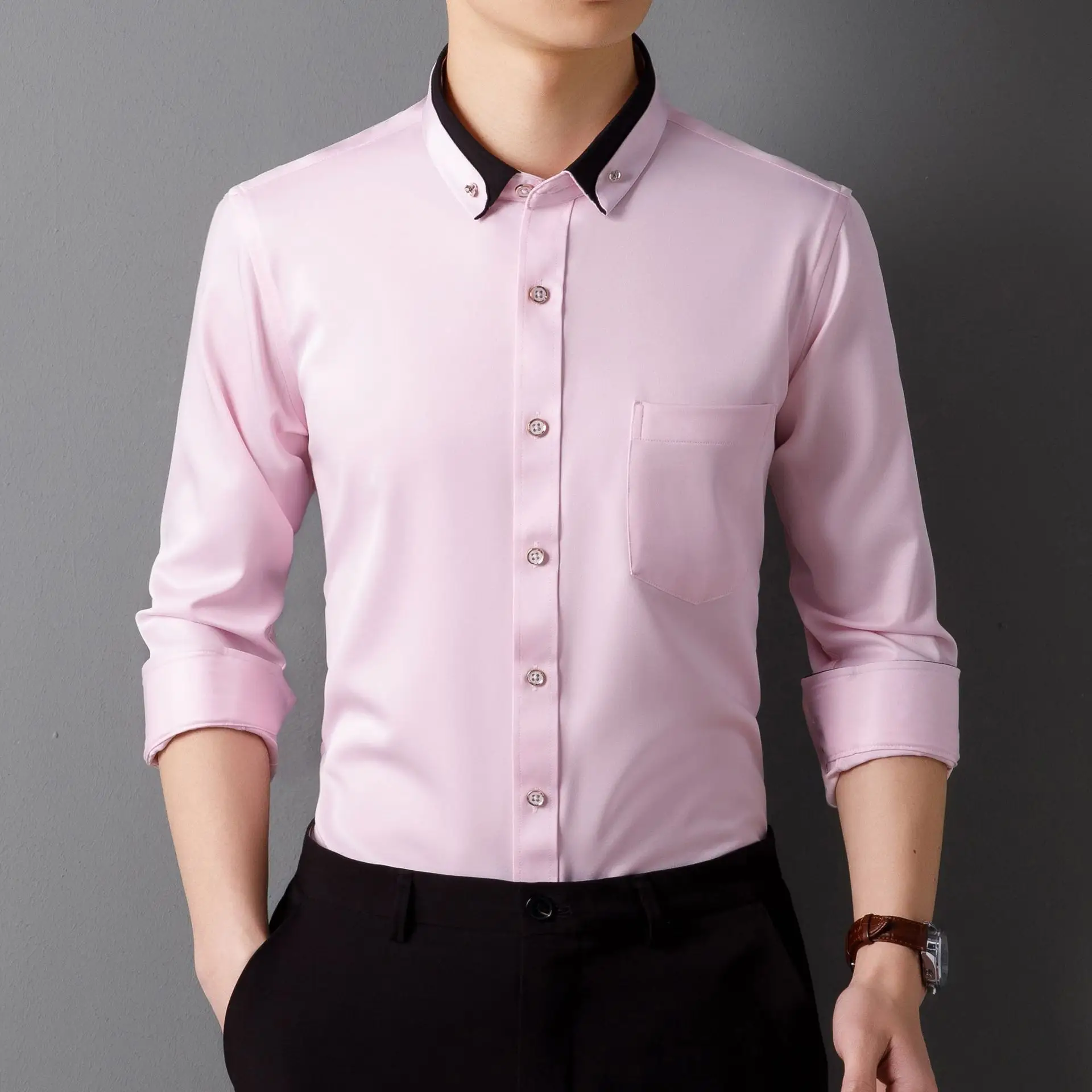 Men's Long Sleeve Black Button Shirt with Red Collar - Image 9