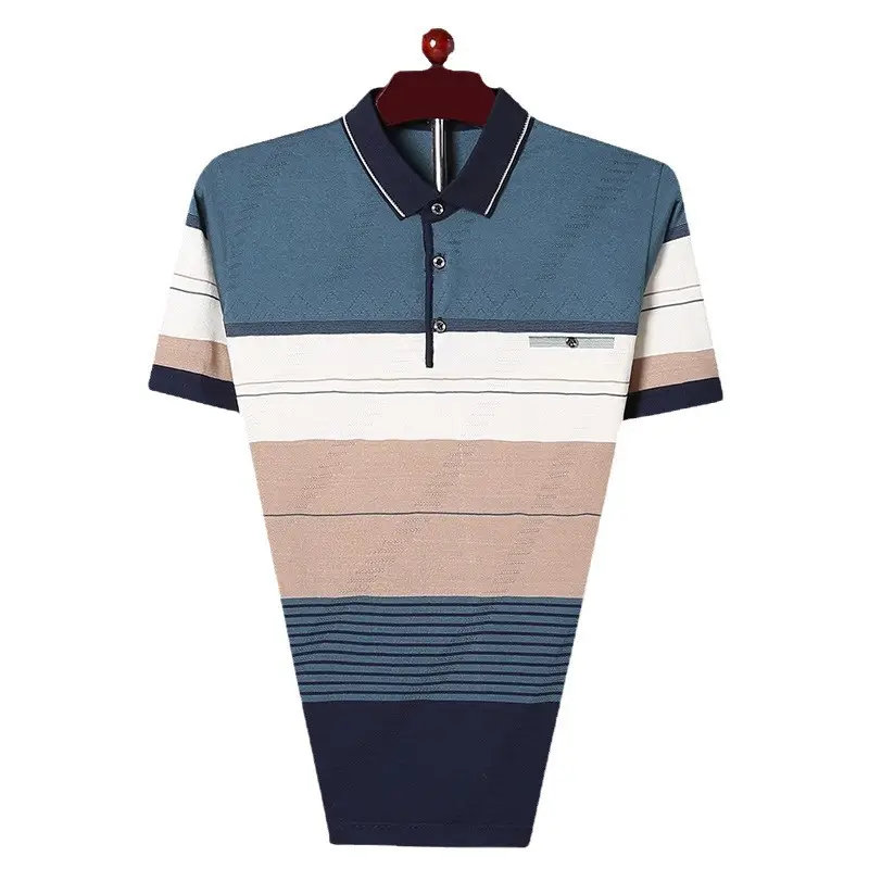 Men's 2025 Summer Lapel Polo T-Shirt Blue Beige Striped - Image 15
