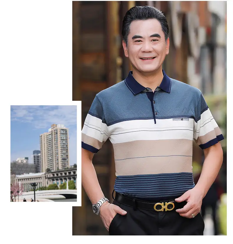 Men's 2025 Summer Lapel Polo T-Shirt Blue Beige Striped — feature 21