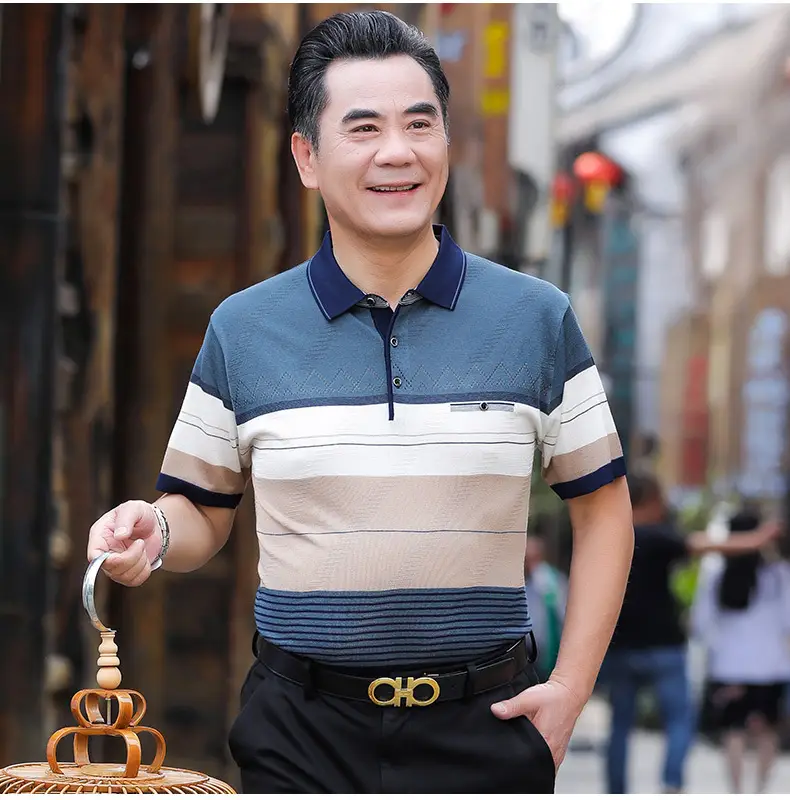 Men's 2025 Summer Lapel Polo T-Shirt Blue Beige Striped — feature 22