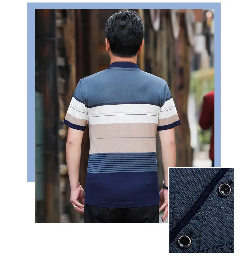 Men's 2025 Summer Lapel Polo T-Shirt Blue Beige Striped — feature 24