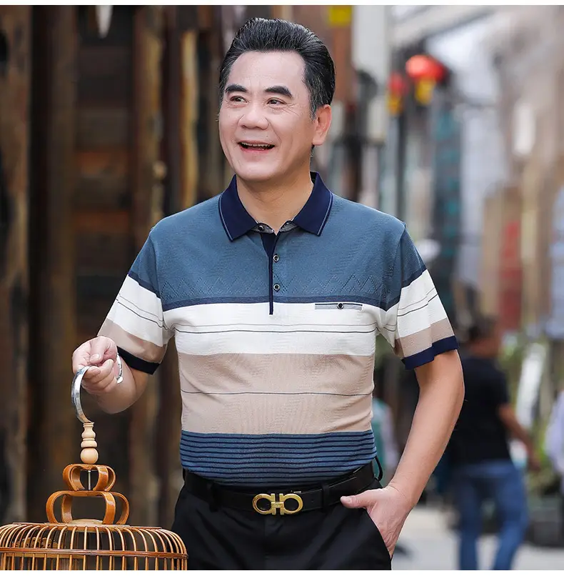 Men's 2025 Summer Lapel Polo T-Shirt Blue Beige Striped — feature 25